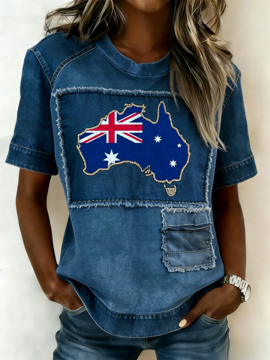 Vintage Australian Flag Badge Denim Art Print Casual Cotton Short Sleeve T-Shirt