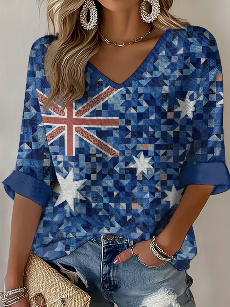 Women's Aussie Proud Australia Flag Art Printed Waffle T-shirt