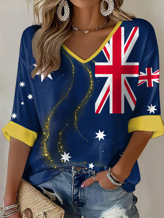 Women's Aussie Proud Australia Flag Art Printed Waffle T-shirt