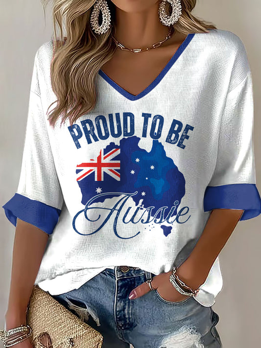 Women's Aussie Proud Australia Flag Art Printed Waffle T-shirt