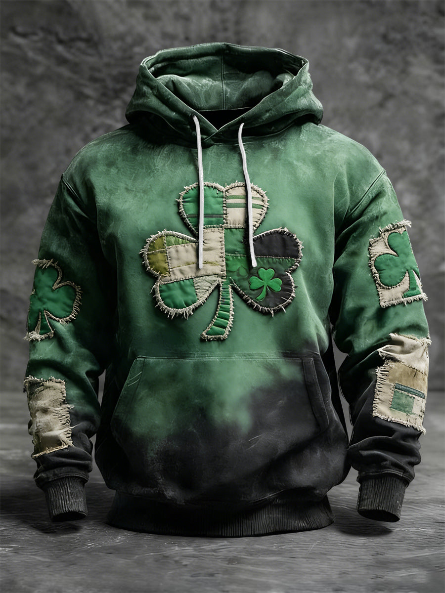 Retro St. Patrick's Day Clover Patchwork Distressed Casual Hoodie