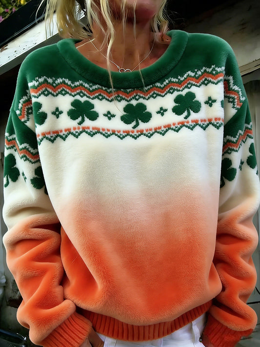 Women's Vintage St. Patrick's Day Four-Leaf Clover Print Comfortable Flannel Top