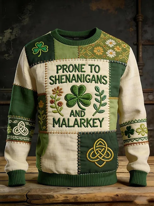 Vintage St. Patrick's Day Four-Leaf Clover Print Comfortable Sweatshirt