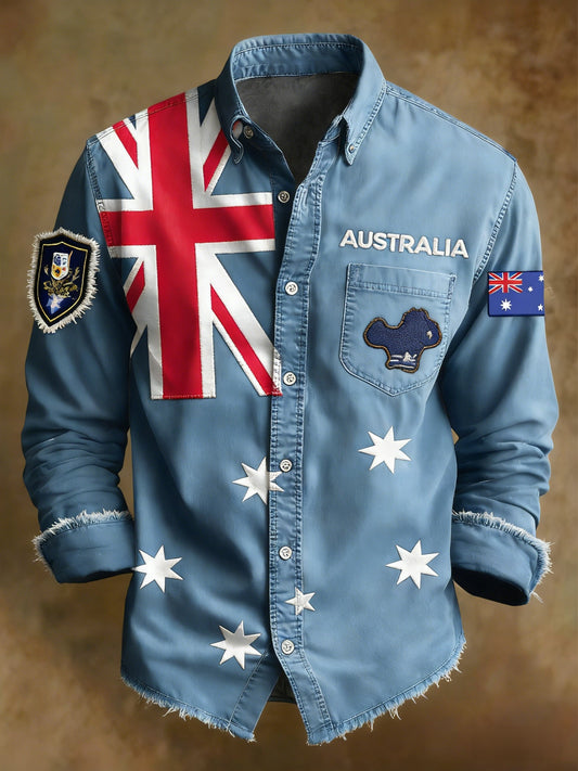 Men's Retro Australian Flag Badge Print Casual Long Sleeve Pocket Shirt