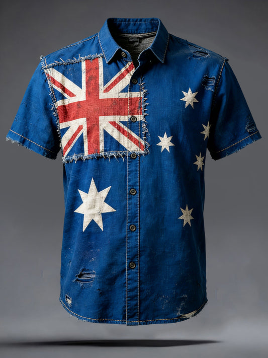 Men's Retro Australian Flag Badge Print Casual Short-sleeved Shirt