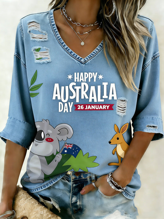 Women's Vintage Australian Holiday Casual Comfortable V-Neck Top