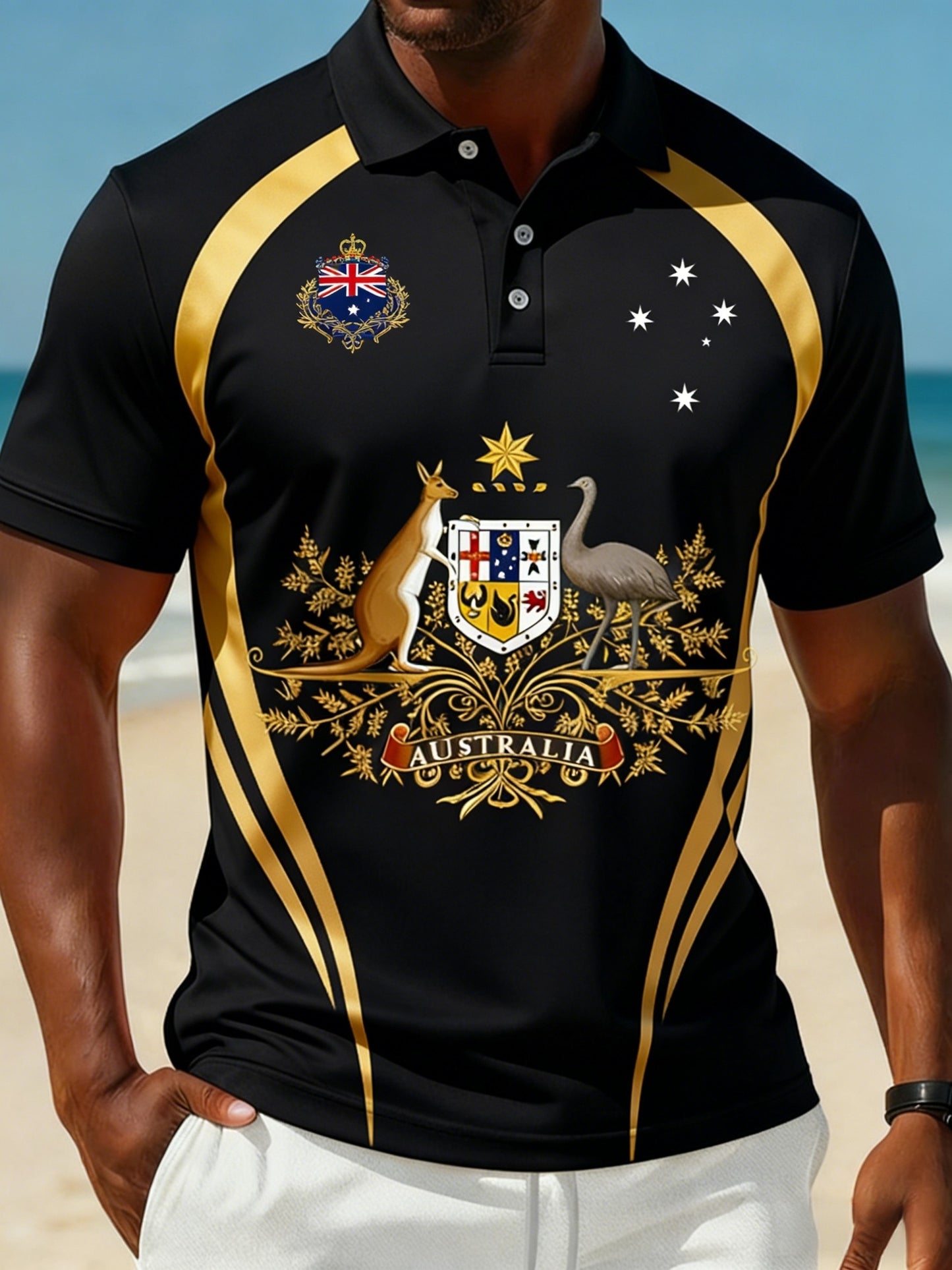 Men's  Vintage Australian Flag Badge Printed Casual Cotton Short Sleeve Polo Shirt