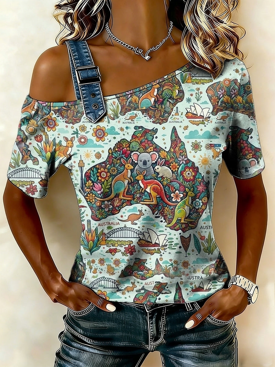Women's   Vintage Australian Holiday  Casual Off-the-Shoulder Design Short sleeves T-Shirt