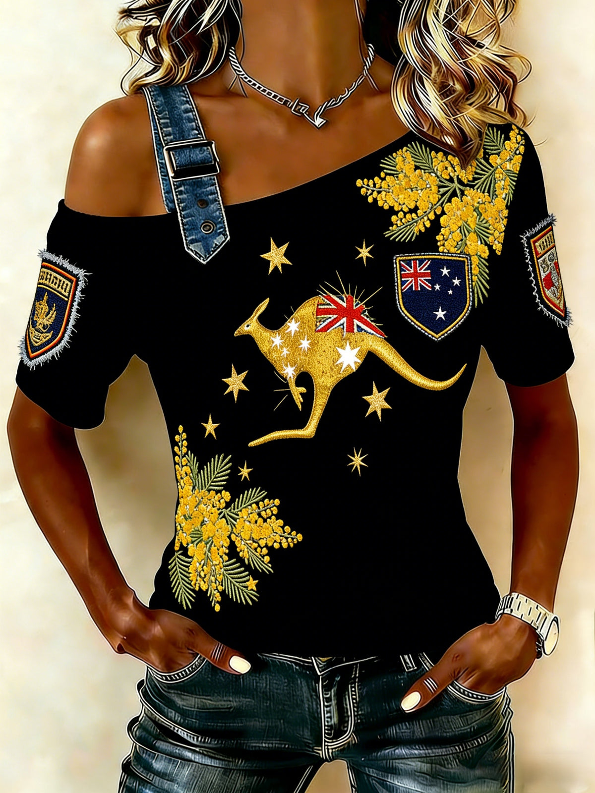 Women's   Vintage Australian Holiday  Casual Off-the-Shoulder Design Short sleeves T-Shirt