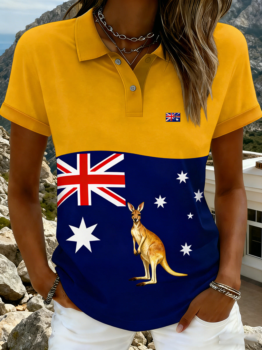 Women's Vintage Happy Australia Day Flag Badge Casual Print Short-Sleeve Polo Shirt