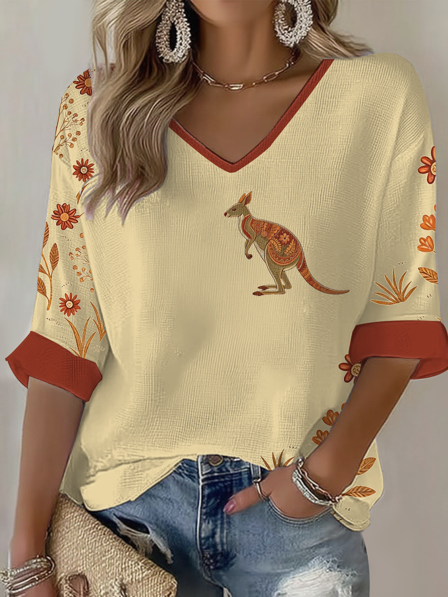 Women's Australian kangaroo printedWaffle T-shirt