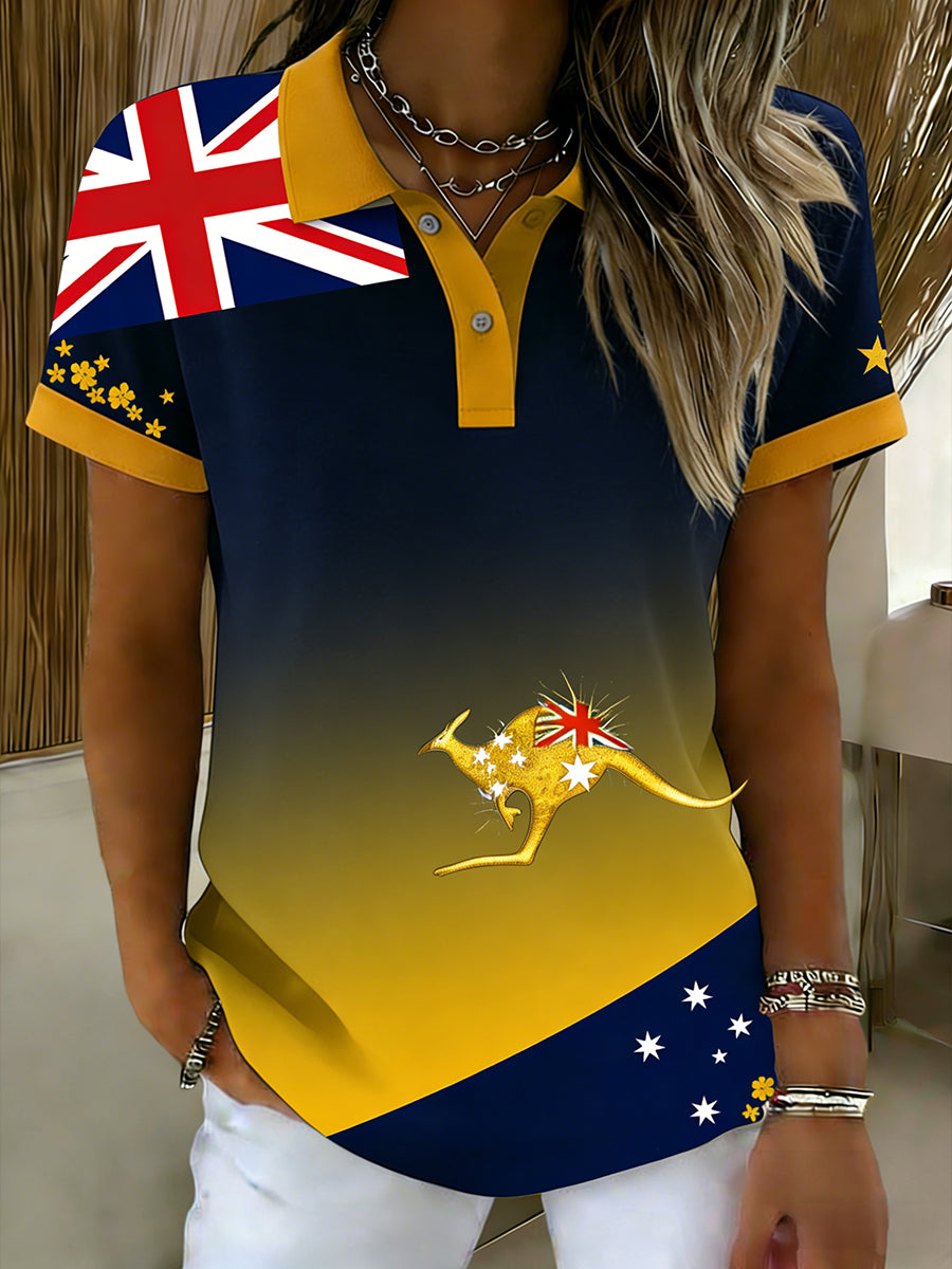 Women's Vintage Happy Australia Day Flag Badge Casual Print Short-Sleeve Polo Shirt