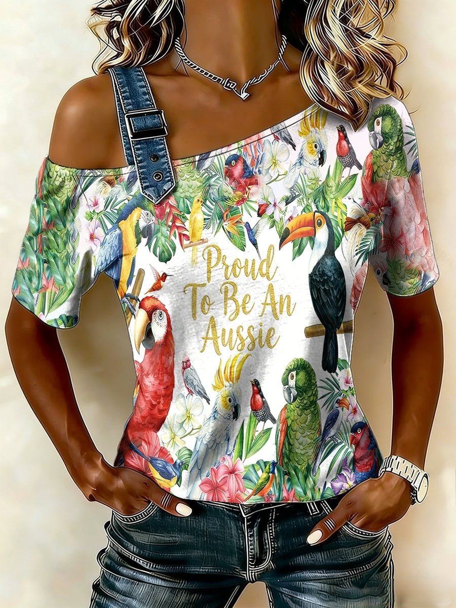 Women's Vintage Aussie Cute Pink Cockatoo Casual Comfortable Off-the-Shoulder Short Sleeve T-Shirt