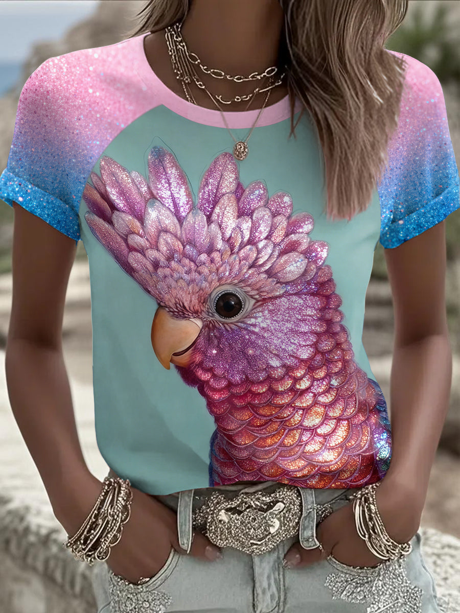 Women's Pink Parrot Art Printed T-shirt