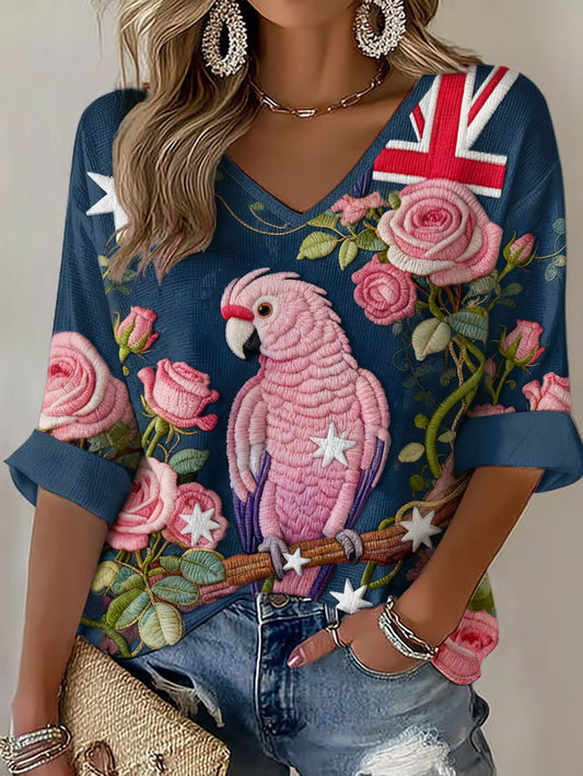 Women's Pink Parrot Art Printed Waffle Tops