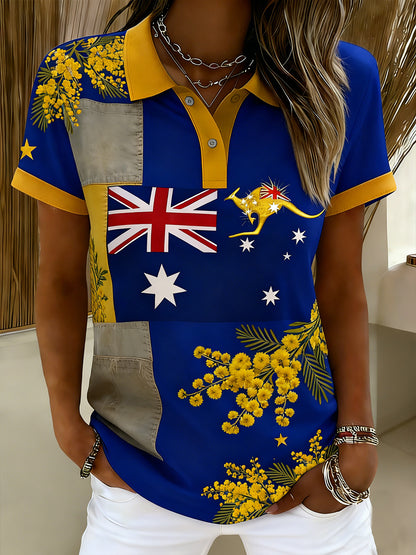 Women's Vintage Happy Australia Day Flag Badge Casual Print Short-Sleeve Polo Shirt