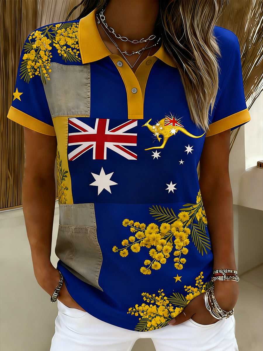 Women's Vintage Happy Australia Day Flag Badge Casual Print Short-Sleeve Polo Shirt