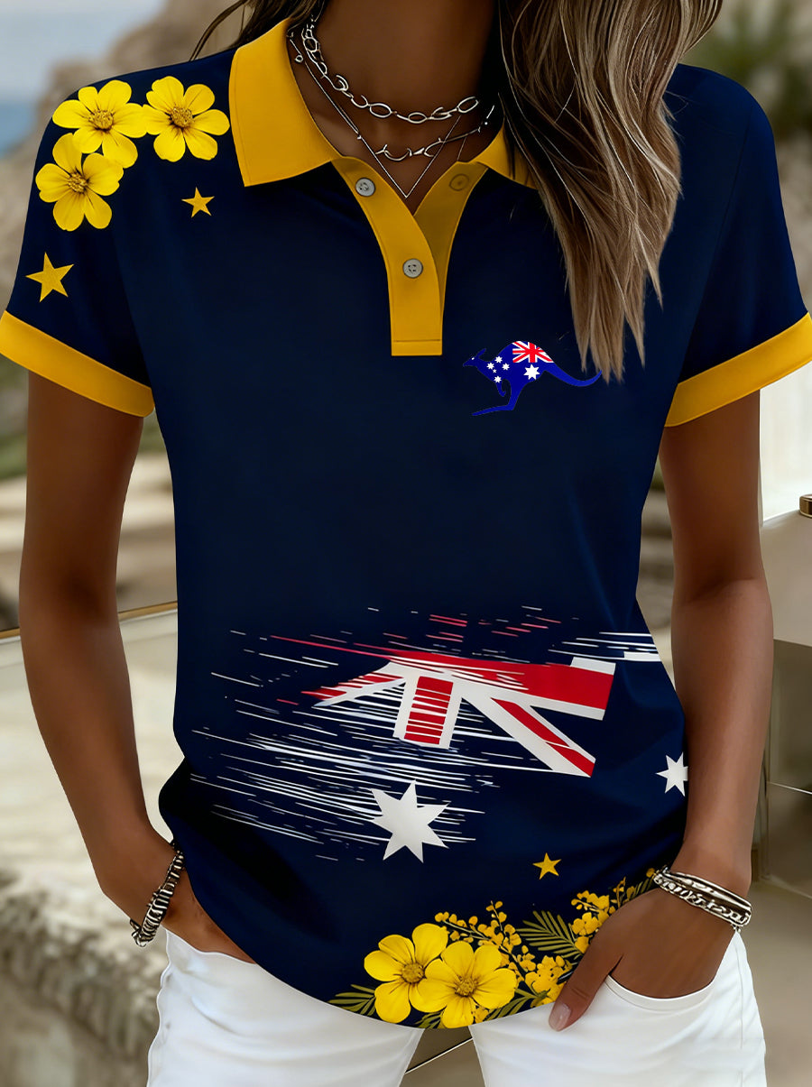 Women's Vintage Happy Australia Day Flag Badge Casual Print Short-Sleeve Polo Shirt