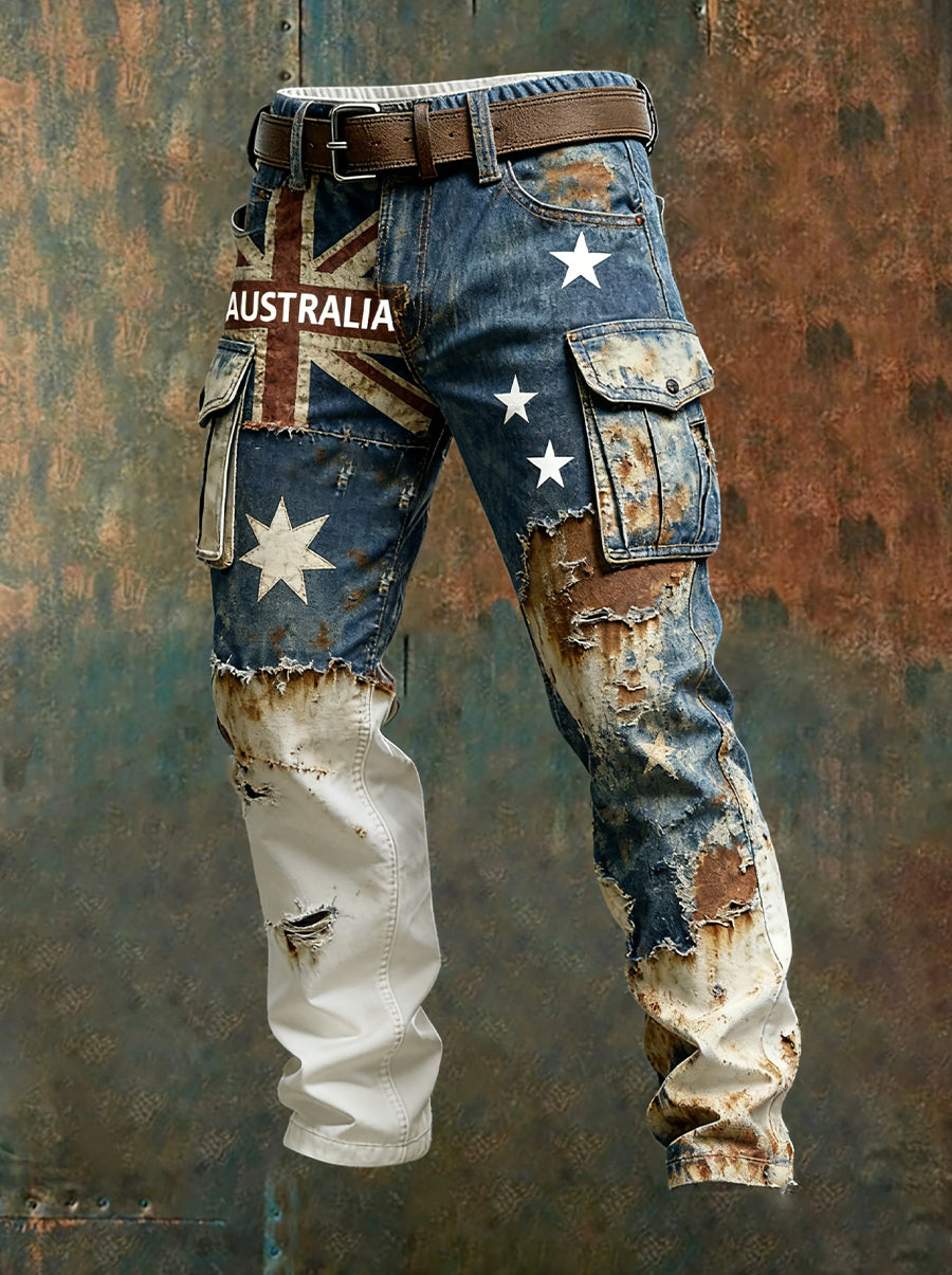 Men's Vintage Australian Flag Art Print Business Casual Work Pants