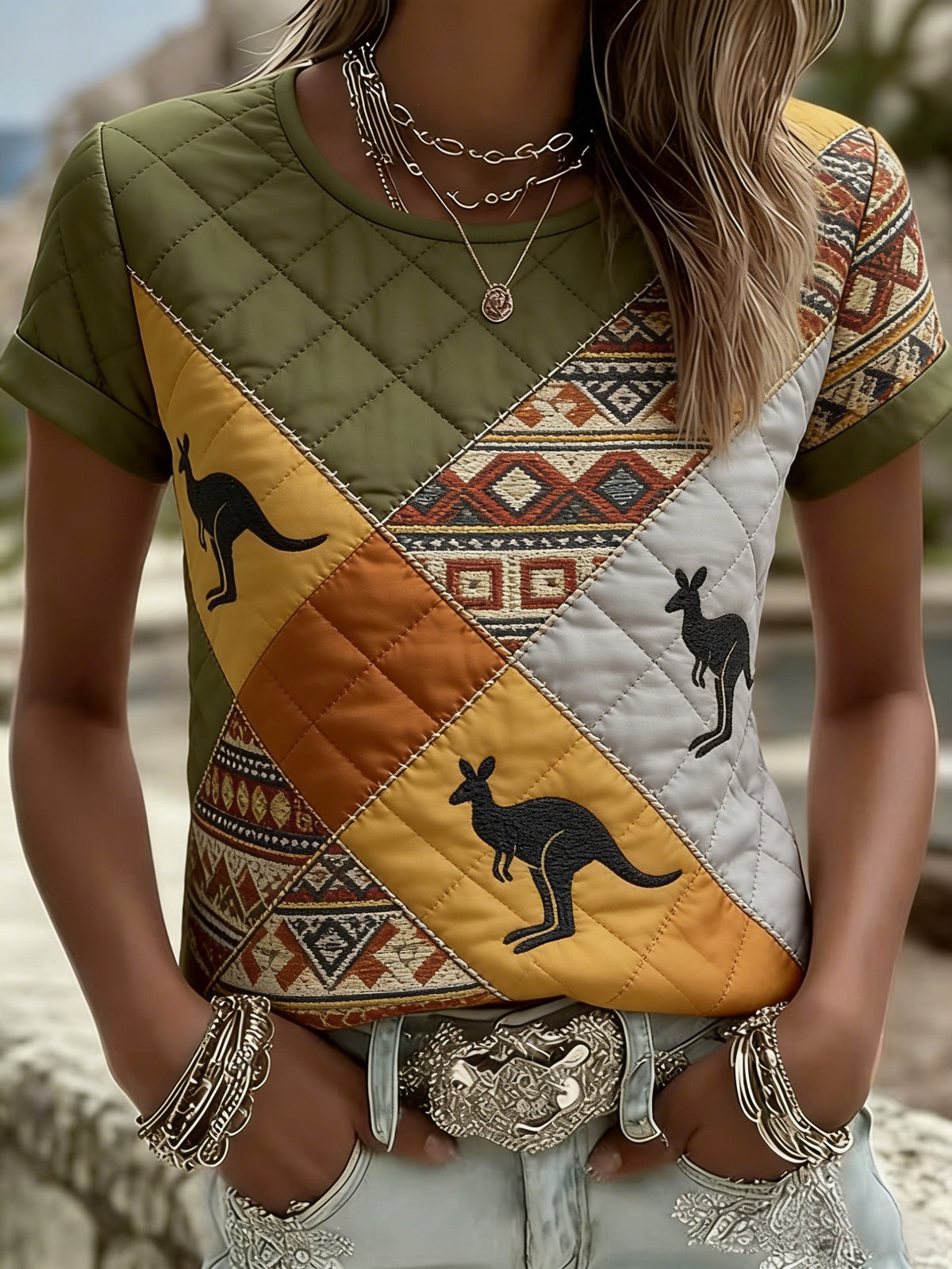 Women's  Retro Dot Art Kangaroo Patchwork Casual Comfortable Short Sleeve T-Shirt