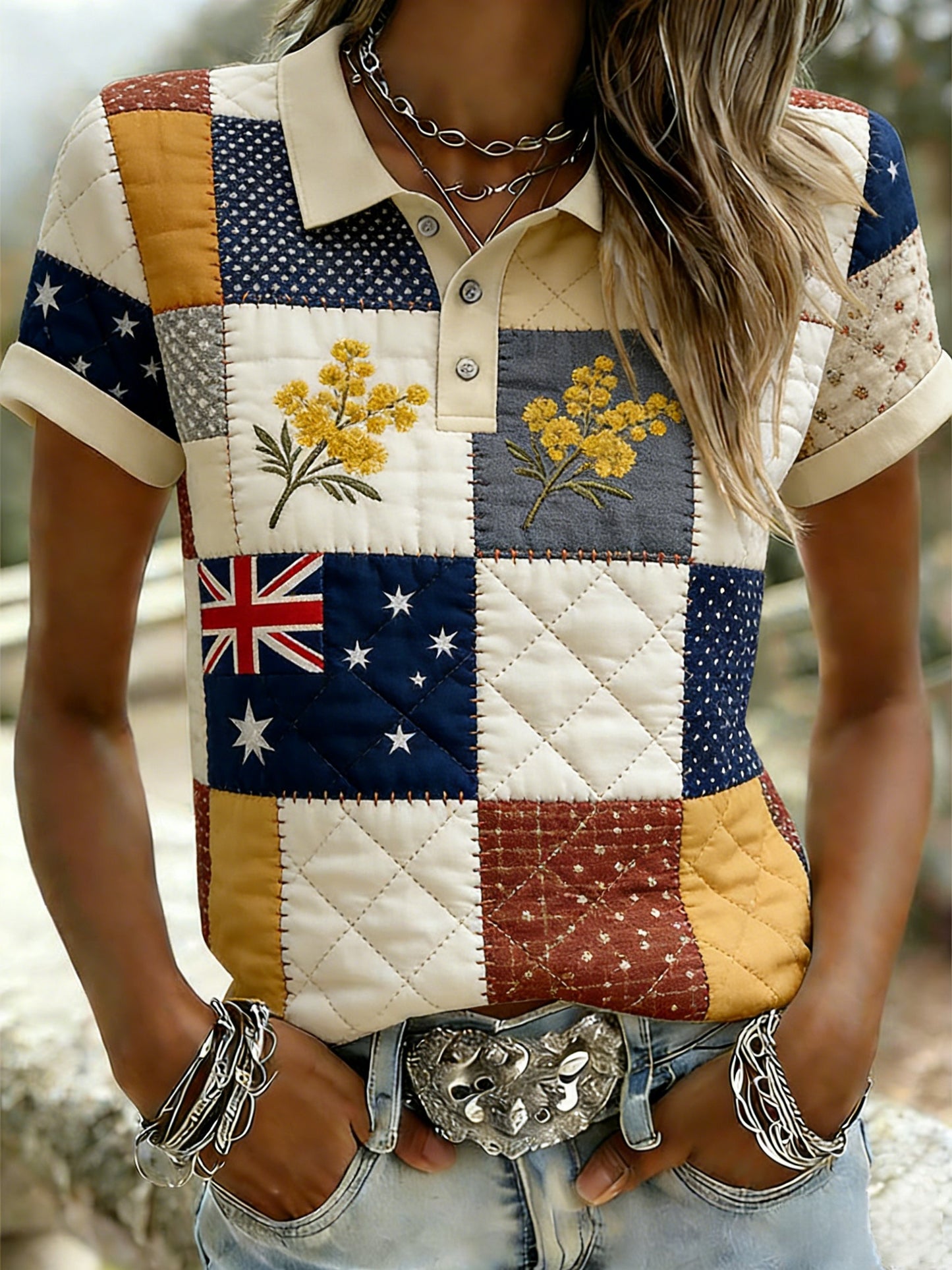 Women's  Vintage Australian Holiday Patchwork Art Casual Short Sleeve T-Shirt