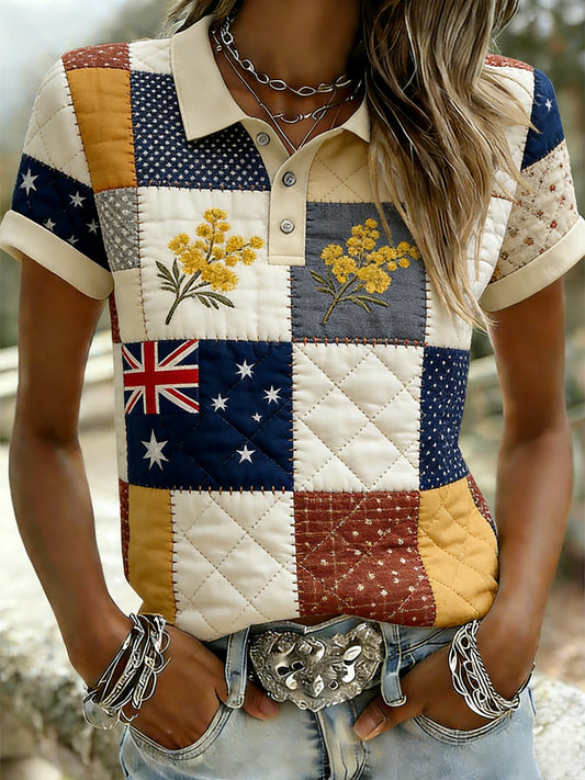 Women's  Vintage Australian Holiday Patchwork Art Casual Short Sleeve T-Shirt