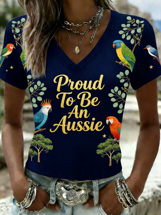 Women's  Vintage Proud To Be An Aussie Casual V-neck Knit Short-Sleeve T-Shirt