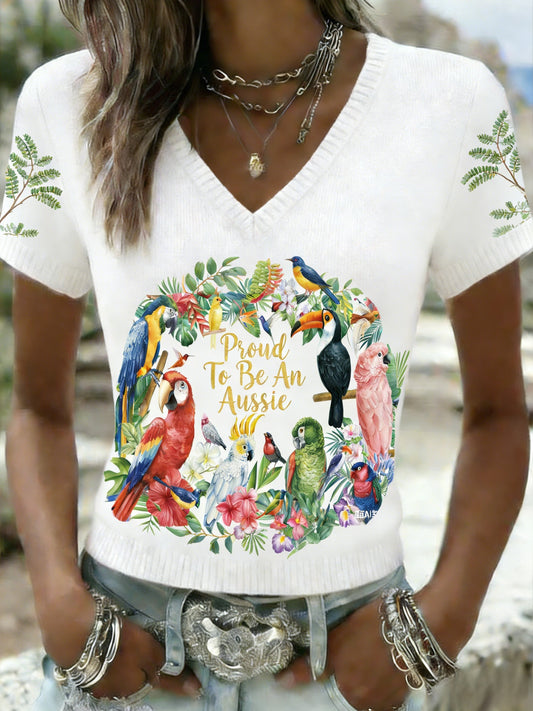 Women's  Vintage Proud To Be An Aussie Casual V-neck Knit Short-Sleeve T-Shirt