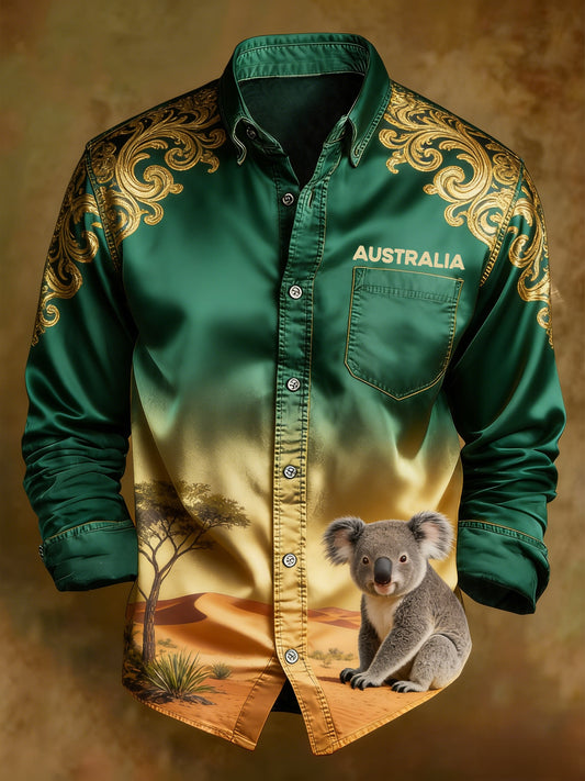 Men's Retro Australian Flag Koala Gradient Art Print Casual Long Sleeve Pocket Shirt
