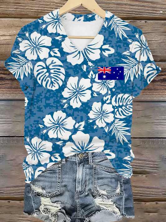 Women's V-Neck T-Shirt With Australian-Inspired Print