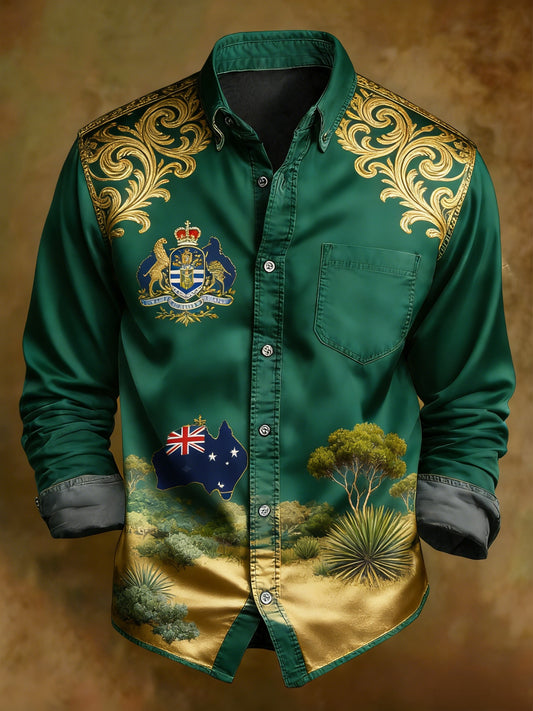 Men's Vintage Australian Holiday  Print Casual Long Sleeve Pocket Shirt