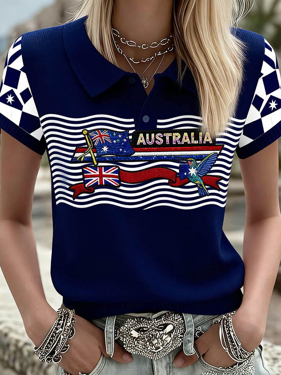 Women's Vintage Australian Flag Pattern Casual Short-Sleeved Polo Shirt