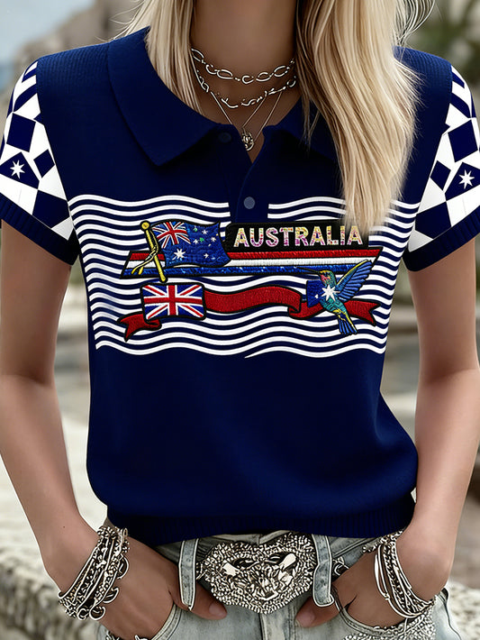 Women's Vintage Australian Flag Pattern Casual Short-Sleeved Polo Shirt