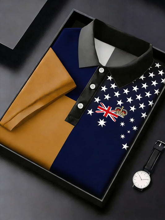 Men's  Vintage Australian Flag Badge Printed Casual Cotton Short Sleeve Polo Shirt