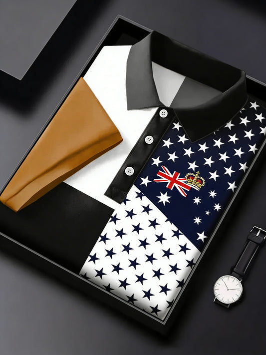 Men's  Vintage Australian Flag Badge Printed Casual Cotton Short Sleeve Polo Shirt