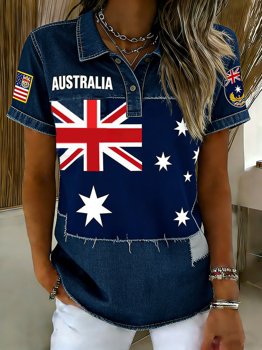 Women's Vintage Australian Flag Badge Printed Casual Cotton Short Sleeve Polo Shirt