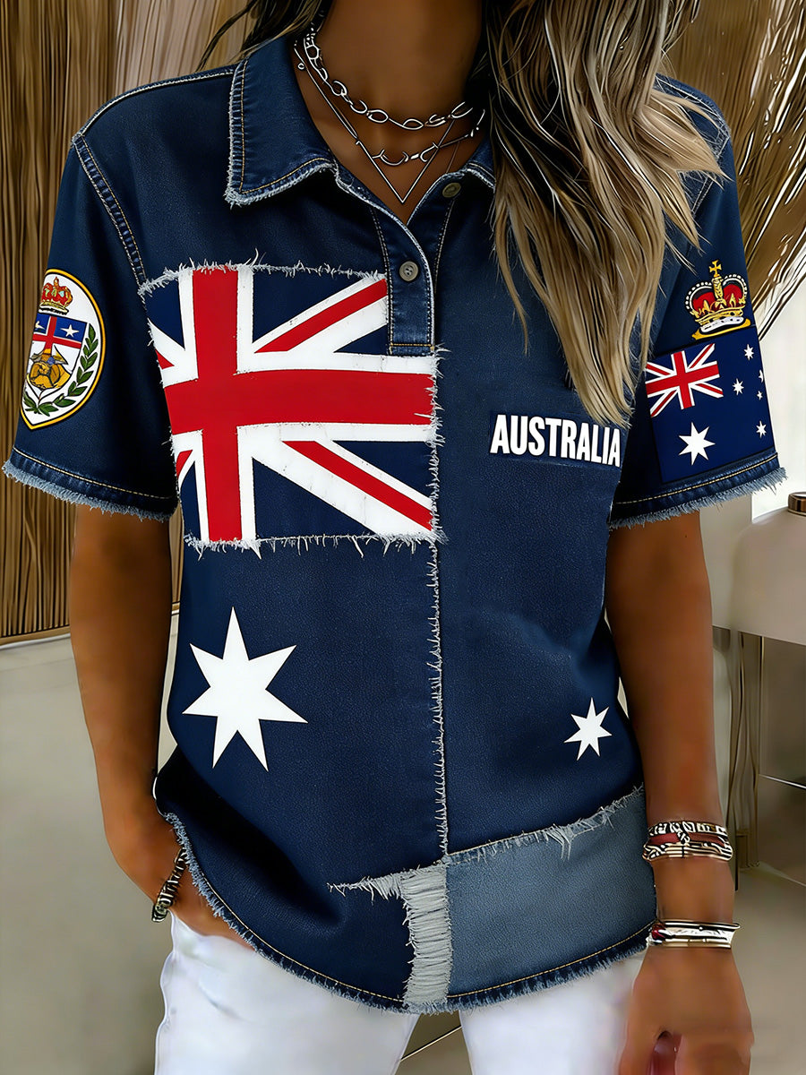 Women's Vintage Australian Flag Badge Printed Casual Cotton Short Sleeve Polo Shirt