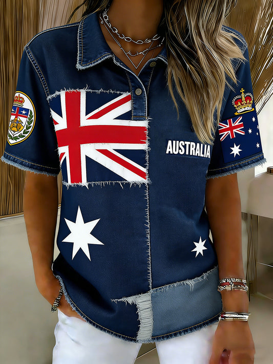 Women's Vintage Australian Flag Badge Printed Casual Cotton Short Sleeve Polo Shirt