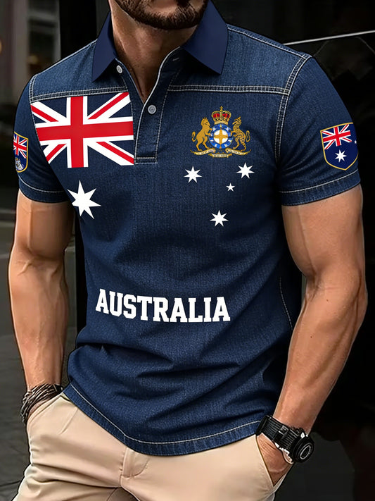 Men's  Vintage Australian Flag Badge Printed Casual Cotton Short Sleeve Polo Shirt