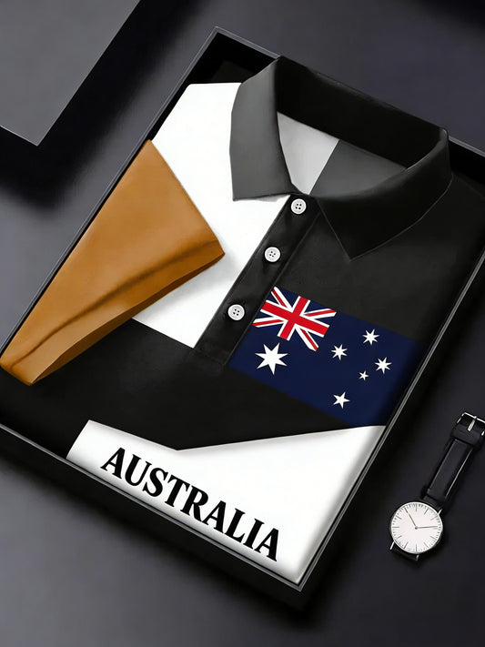 Men's Retro Australian Flag Patch Artwork Casual Short-Sleeve Polo Shirt