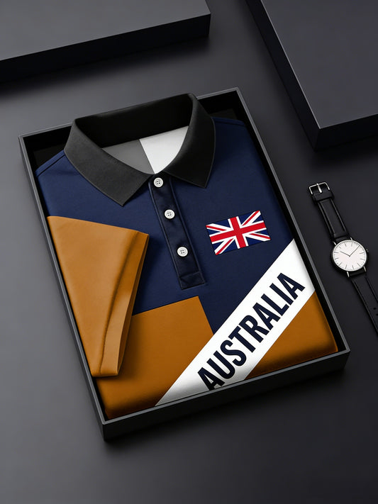 Men's  Vintage Australian Flag Badge Printed Casual Cotton Short Sleeve Polo Shirt