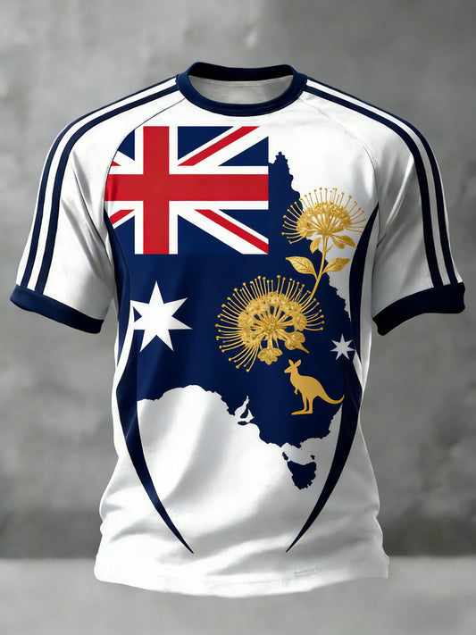 Men's  Vintage Australian Flag Badge Printed Casual Short-Sleeve T-Shirt
