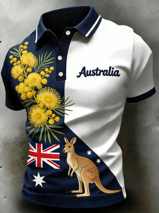 Men's  Vintage Australian Flag Badge Printed Casual Cotton Short Sleeve Polo Shirt