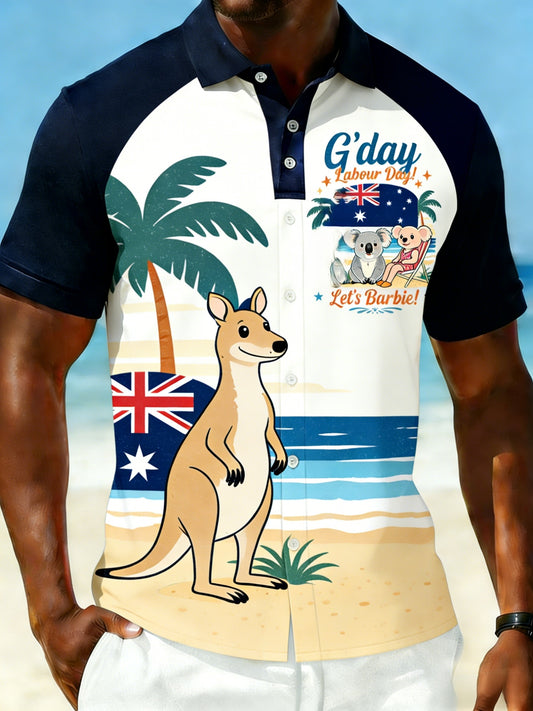 Men's  Vintage Australian Flag Badge Printed Casual Cotton Short Sleeve Polo Shirt