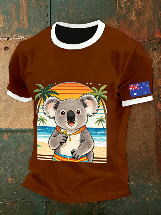 Men's  Vintage Australian Flag Badge Koala Art Printed Casual Short-Sleeve T-Shirt