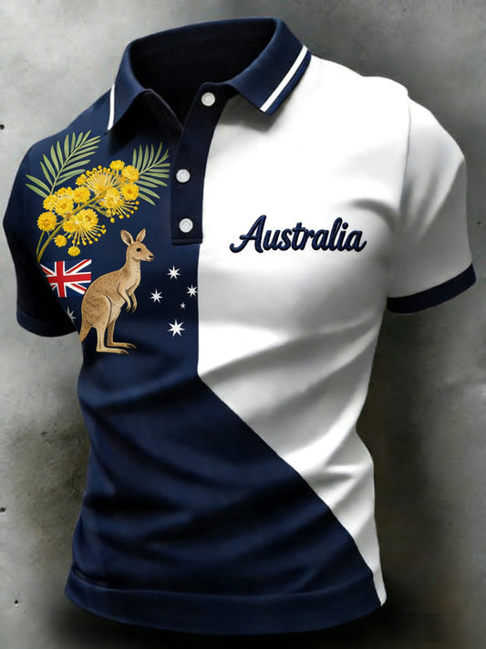 Men's  Vintage Australian Flag Badge Printed Casual Cotton Short Sleeve Polo Shirt