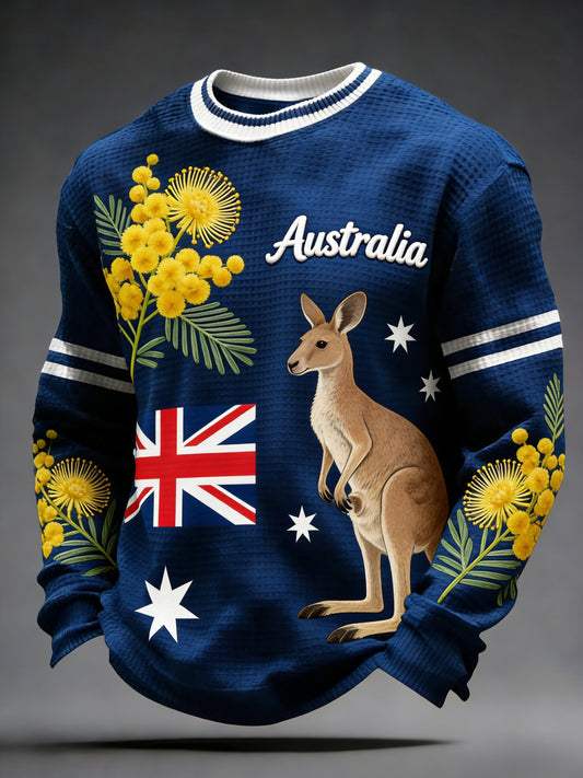 Men's  Vintage Australian Flag Badge Printed Casual Waffle Top