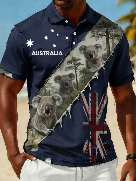 Men's  Vintage Australian Flag Badge Printed Casual Cotton Short Sleeve Polo Shirt