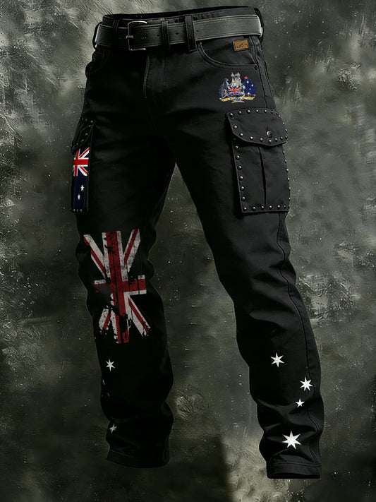Men's  Vintage Australian Flag Badge Distressed Pocket Cargo Pants