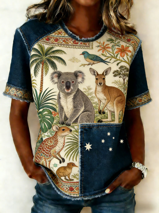 Women's Retro Australian Flag Emblem Animal Casual Comfortable T-Shirt